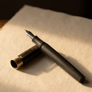 Registry 02 Oversize — A slim smoked-grey ebonite fountain pen, medium-large nib, satin brass cap band, cap posted beside it.