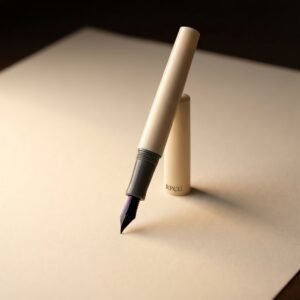 Engrossing No. 6 — A cream acrylic fountain pen with a graphite grey section and a broad stub nib, cap posted.
