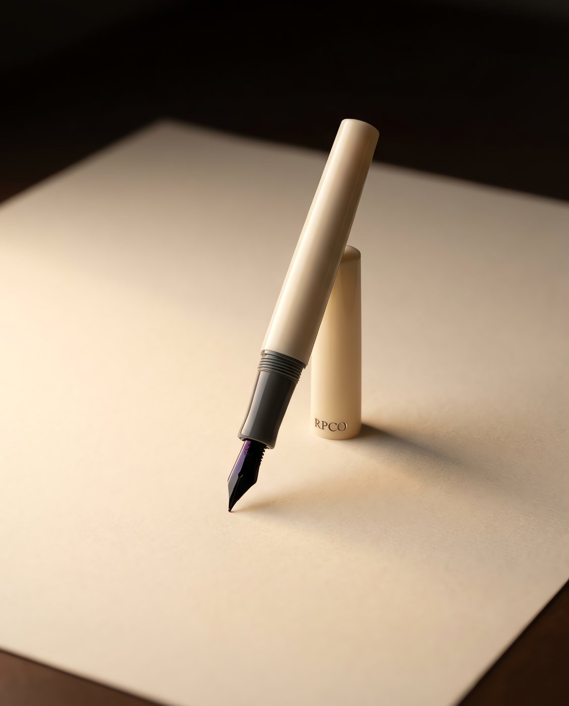 Engrossing No. 6 — A cream acrylic fountain pen with a graphite grey section and a broad stub nib, cap posted.