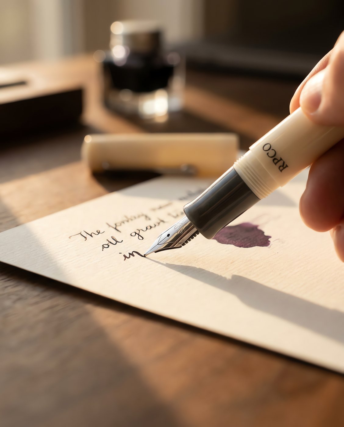Engrossing No. 6 — A cream acrylic fountain pen with a graphite grey section and a broad stub nib, cap posted in use on a desk.