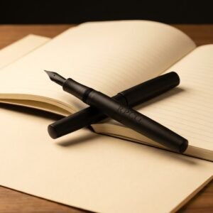 Minute Book Pen — A matte black ebonite fountain pen with no clip and a very small fine nib, lying in the gutter of an open ruled book.