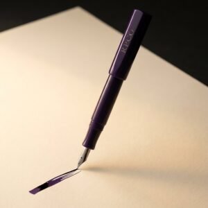 Copperplate Flex — A deep violet resin fountain pen with a flat-top cap and a long soft steel nib with spread tines mid-stroke.