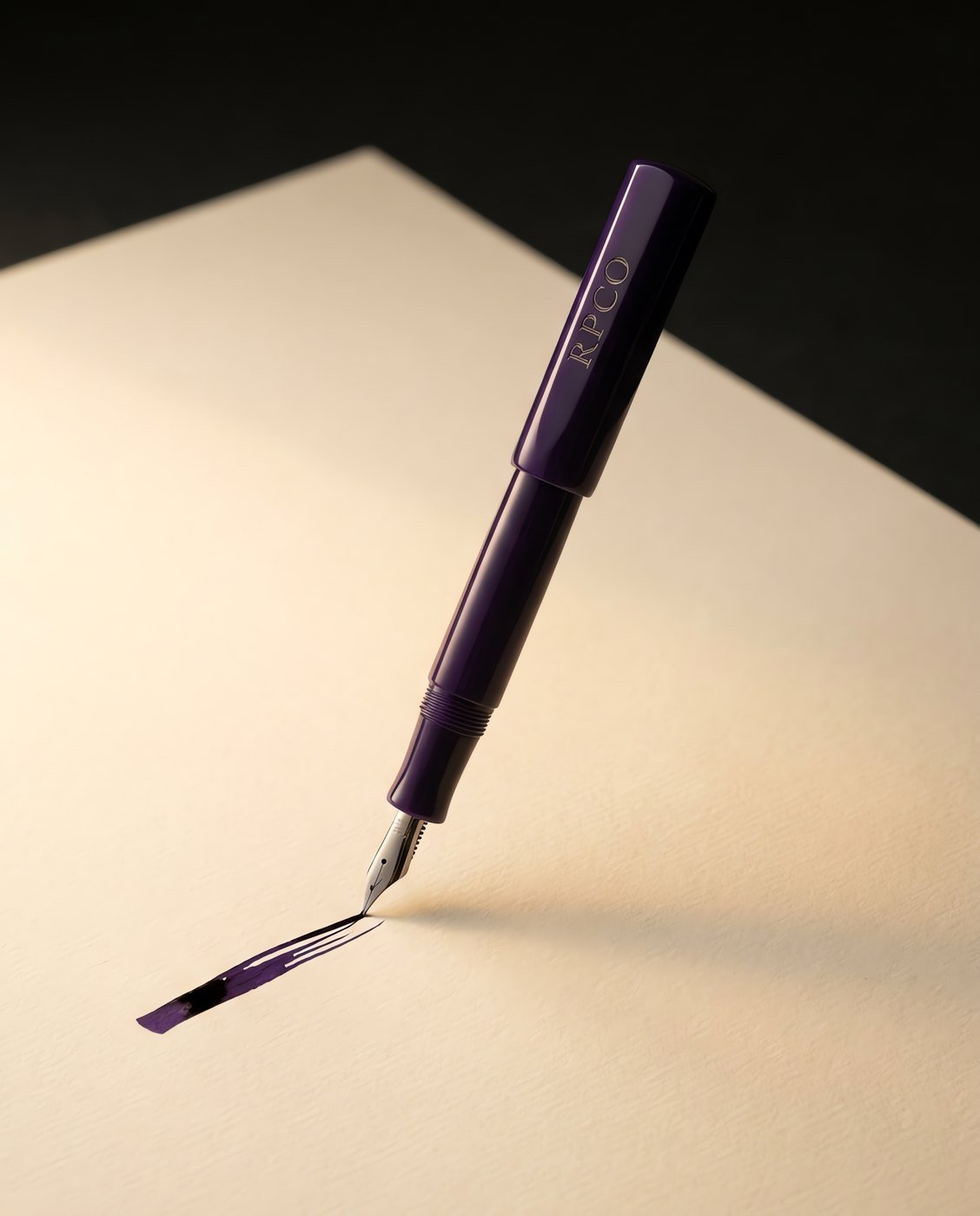 Copperplate Flex — A deep violet resin fountain pen with a flat-top cap and a long soft steel nib with spread tines mid-stroke.