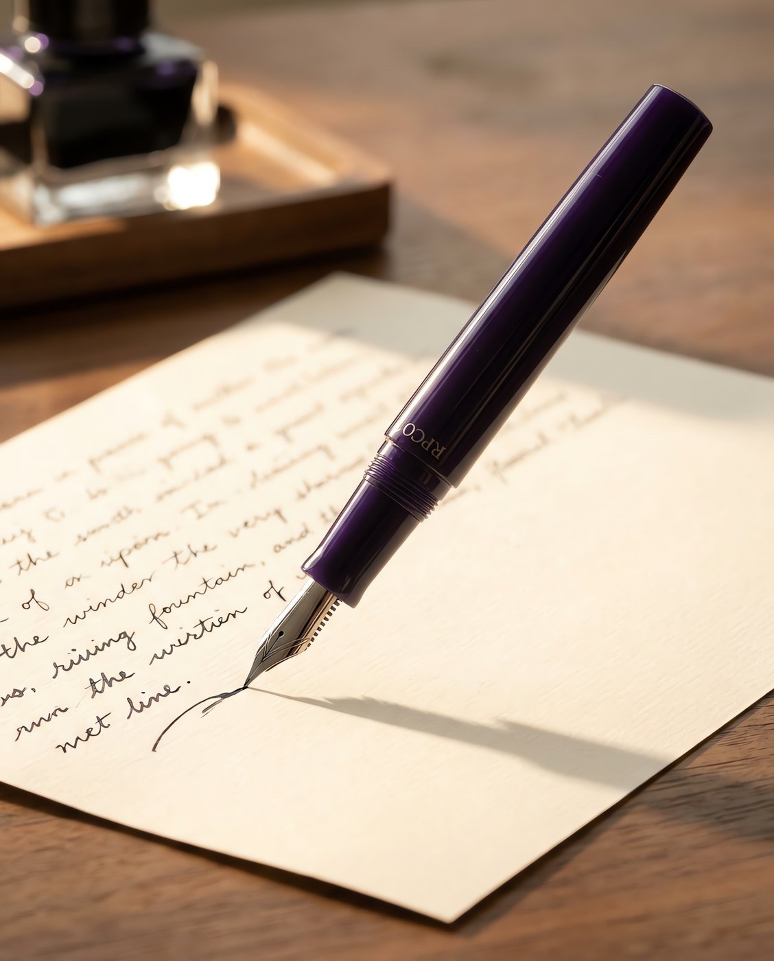 Copperplate Flex — A deep violet resin fountain pen with a flat-top cap and a long soft steel nib with spread tines mid-stroke in use on a desk.