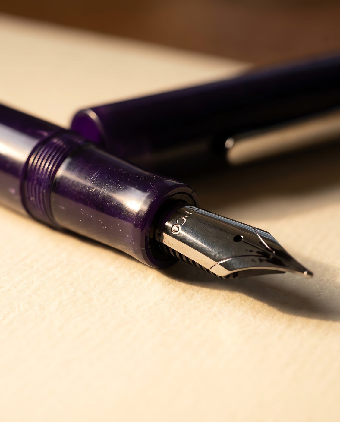 Copperplate Flex — A deep violet resin fountain pen with a flat-top cap and a long soft steel nib with spread tines mid-stroke in close detail.