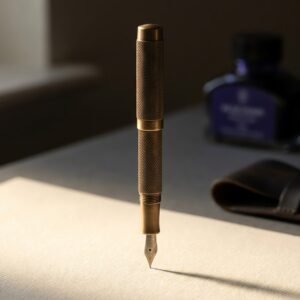 Quire Pocket Pen — A short solid brass fountain pen with a fine diamond knurled barrel, cap posted on the back, warm patina.