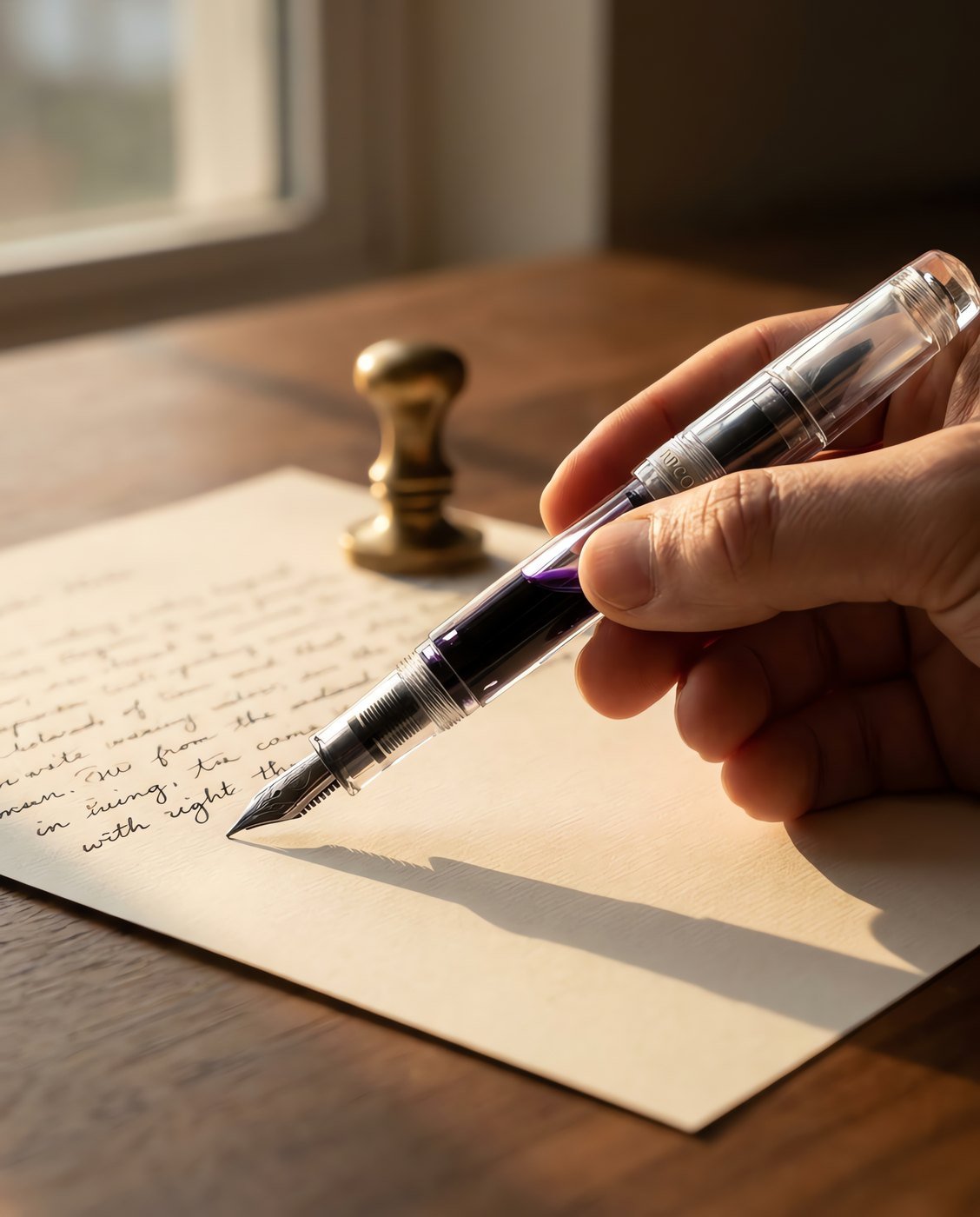 Column Demonstrator — A fully transparent clear acrylic fountain pen showing the dark ebonite feed fins and violet ink inside the converter in use on a desk.