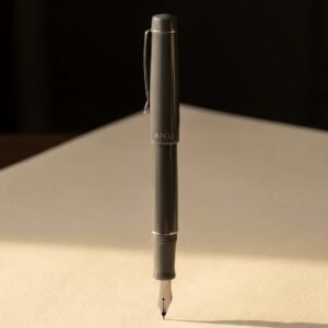 Entry Standard — A graphite grey cast acrylic fountain pen with a plain steel medium nib and a simple spring steel clip.