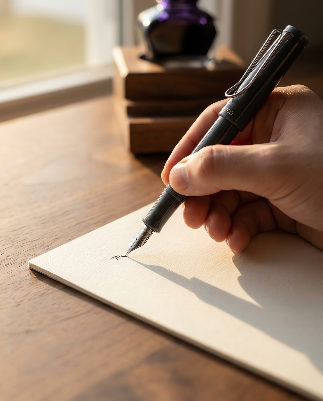 Entry Standard — A graphite grey cast acrylic fountain pen with a plain steel medium nib and a simple spring steel clip in use on a desk.
