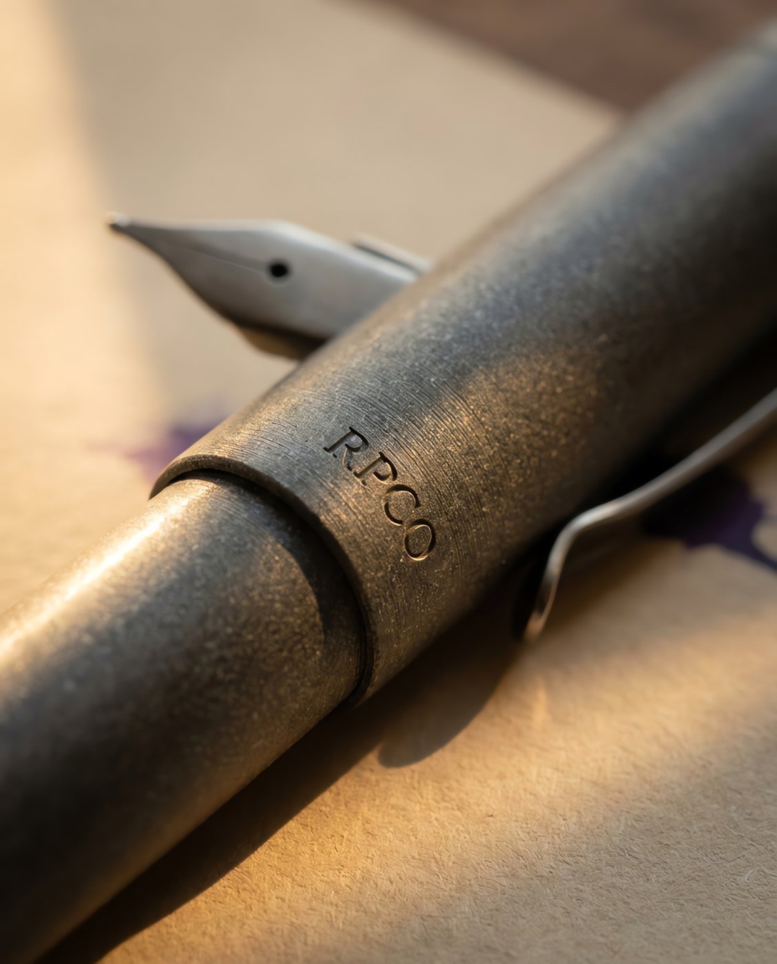 Entry Standard — A graphite grey cast acrylic fountain pen with a plain steel medium nib and a simple spring steel clip in close detail.