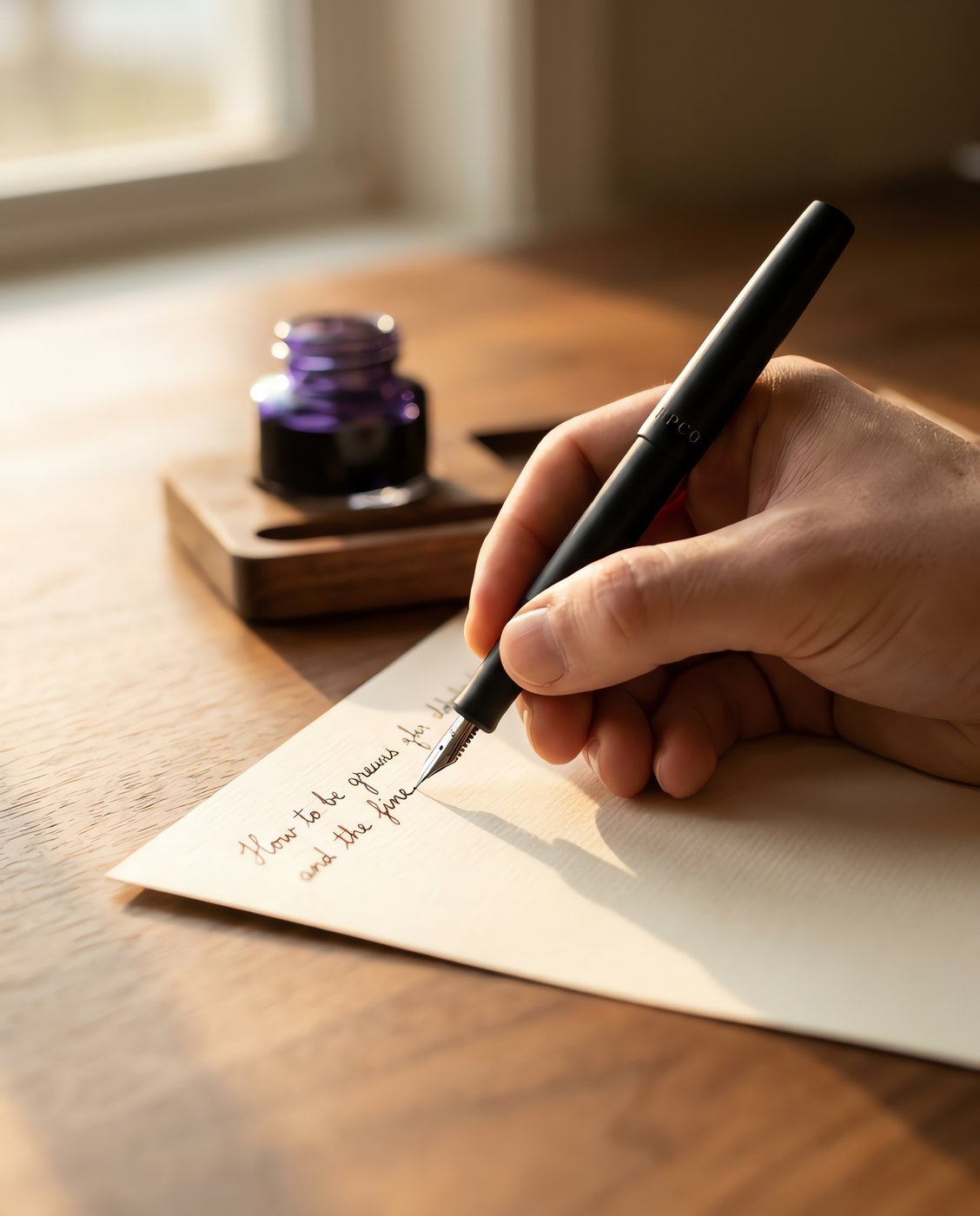 Margin Slim, Ebonite — A slim matte black hard rubber fountain pen with a low satin sheen and a small fine nib in use on a desk.