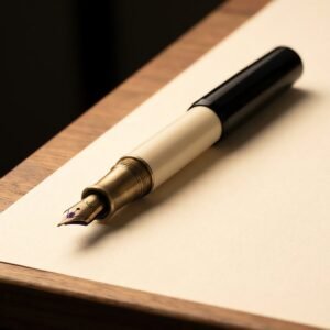 Counting House Pen — A straight-sided cream and black fountain pen with a turned brass nib collar, lying on a sloped wooden desk.