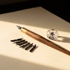 Dip Pen Set, Walnut — An oiled walnut dip pen holder with a brass ferrule beside six loose steel nibs and a small cut glass pen rest.