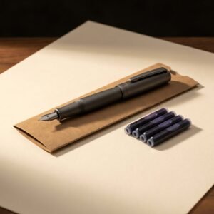 Schoolroom Pen, Cartridge — A matte charcoal snap-cap fountain pen lying on a plain kraft paper sleeve with four ink cartridges beside it.
