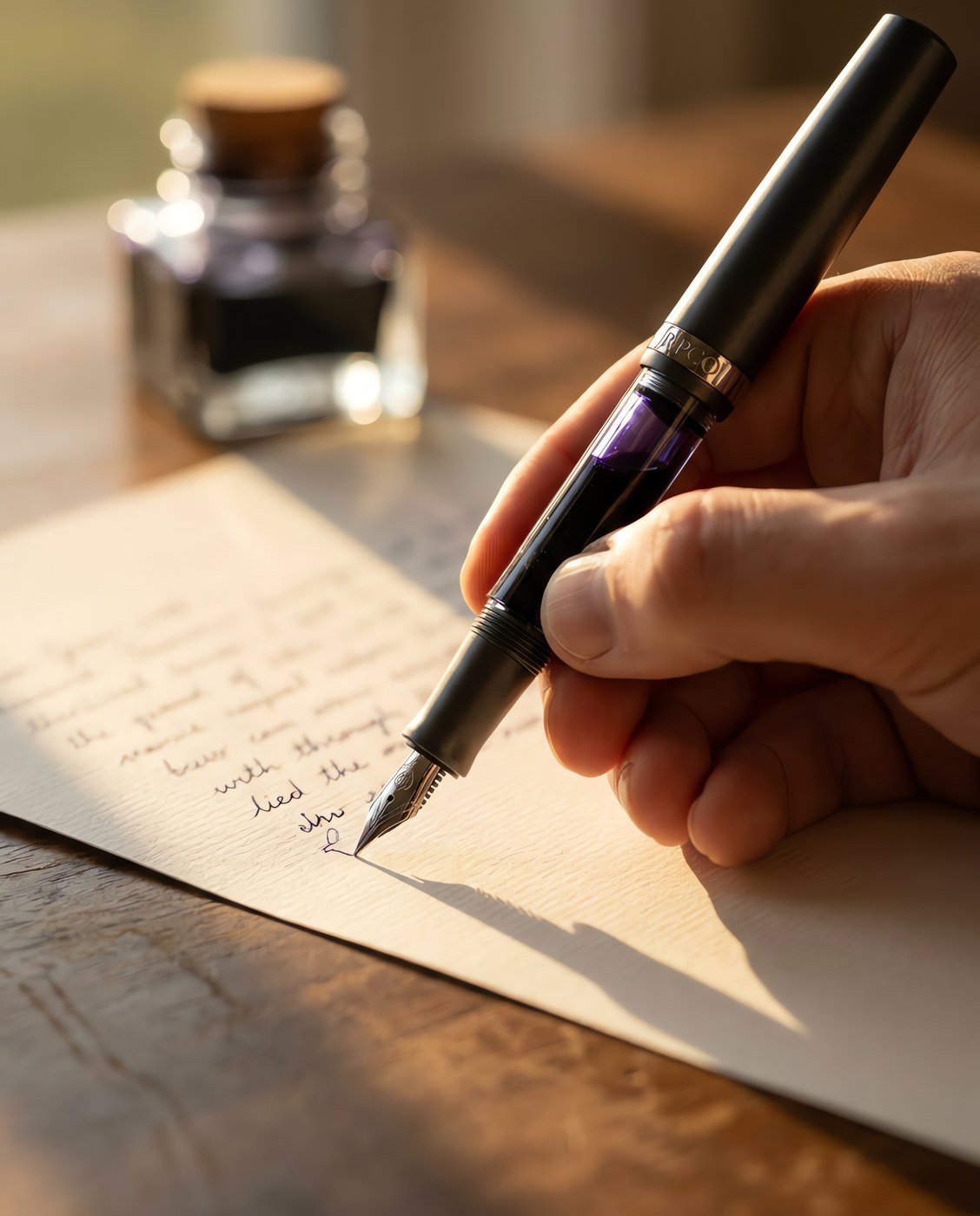 First Entry Pen — A simple charcoal fountain pen with a transparent clear section showing a violet ink cartridge inside in use on a desk.