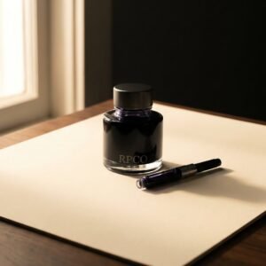 Registry Violet, 30 ml — A small round glass ink bottle with a tall shoulder, filled with dark violet ink, beside a filled converter.