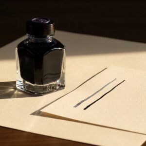 Iron Gall Document Blue-Black, 50 ml — A faceted glass bottle of blue-black ink beside a sheet of paper showing a freshly written grey-blue line next to an older line that has darkened to black.
