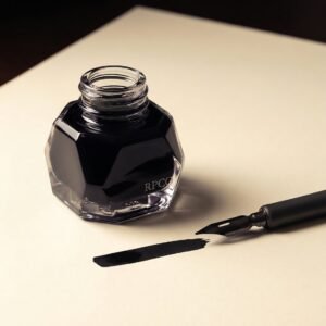 Carbon Black, 50 ml — A faceted glass bottle of dense black ink beside a broad nib laying a flat opaque black stroke on cream paper.