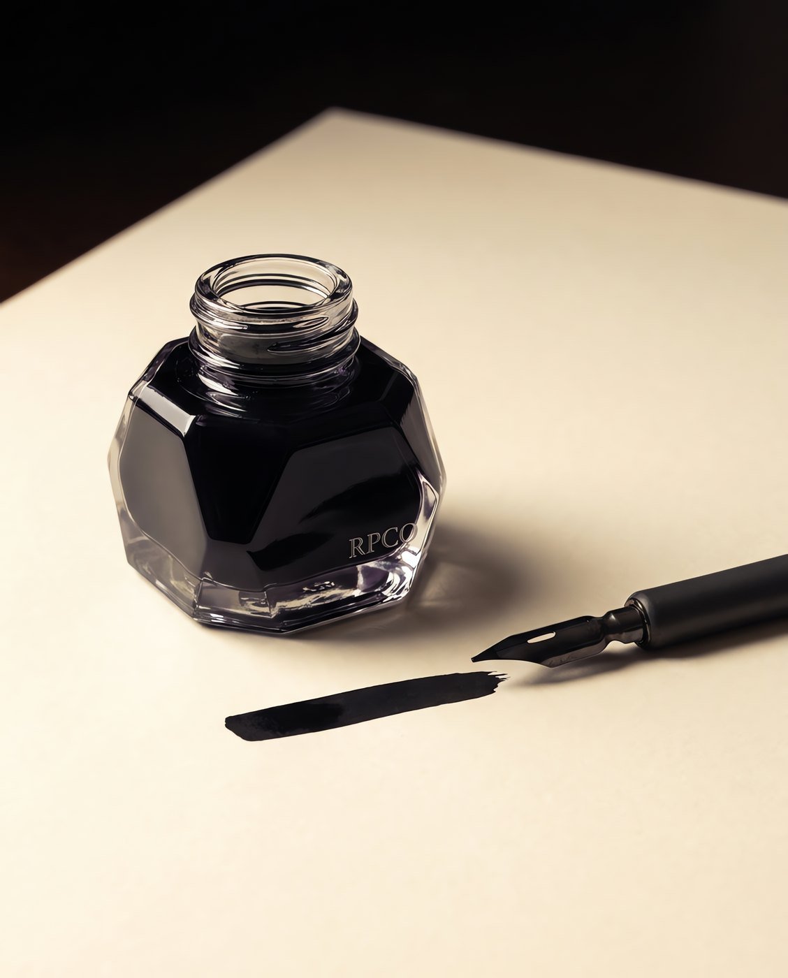 Carbon Black, 50 ml — A faceted glass bottle of dense black ink beside a broad nib laying a flat opaque black stroke on cream paper.