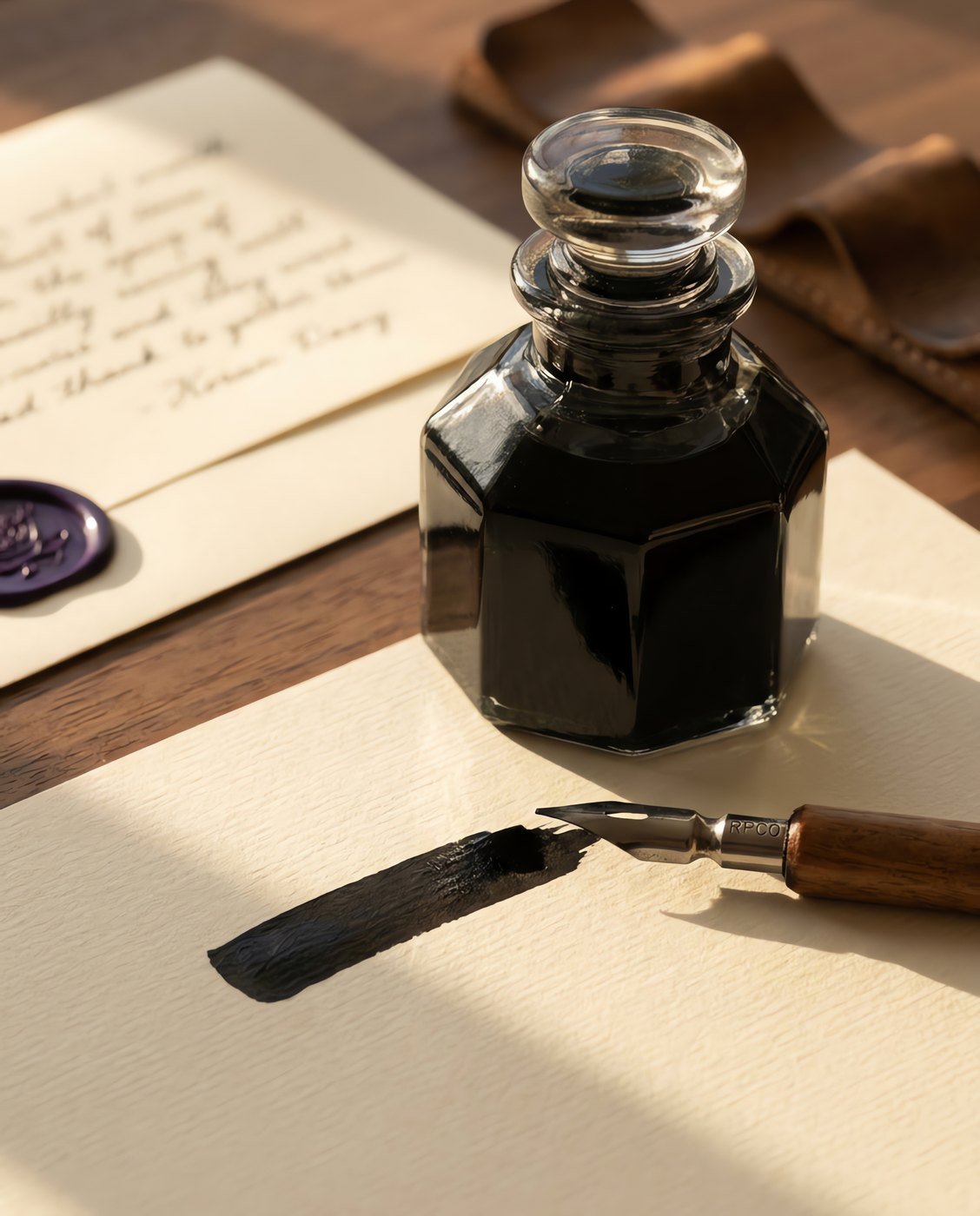 Carbon Black, 50 ml — A faceted glass bottle of dense black ink beside a broad nib laying a flat opaque black stroke on cream paper in use on a desk.