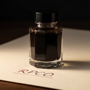 Sepia Copy Ink, 50 ml — A faceted glass bottle of warm brown-black ink on cream paper showing a written line that reads red in the thin strokes.
