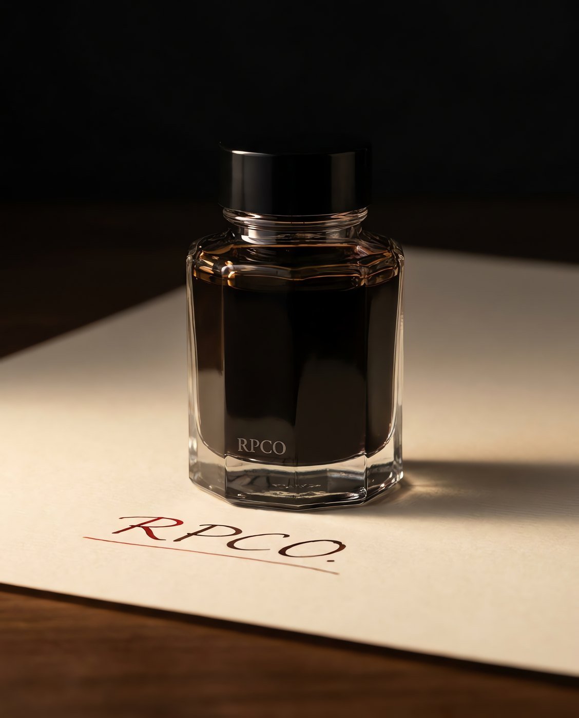 Sepia Copy Ink, 50 ml — A faceted glass bottle of warm brown-black ink on cream paper showing a written line that reads red in the thin strokes.