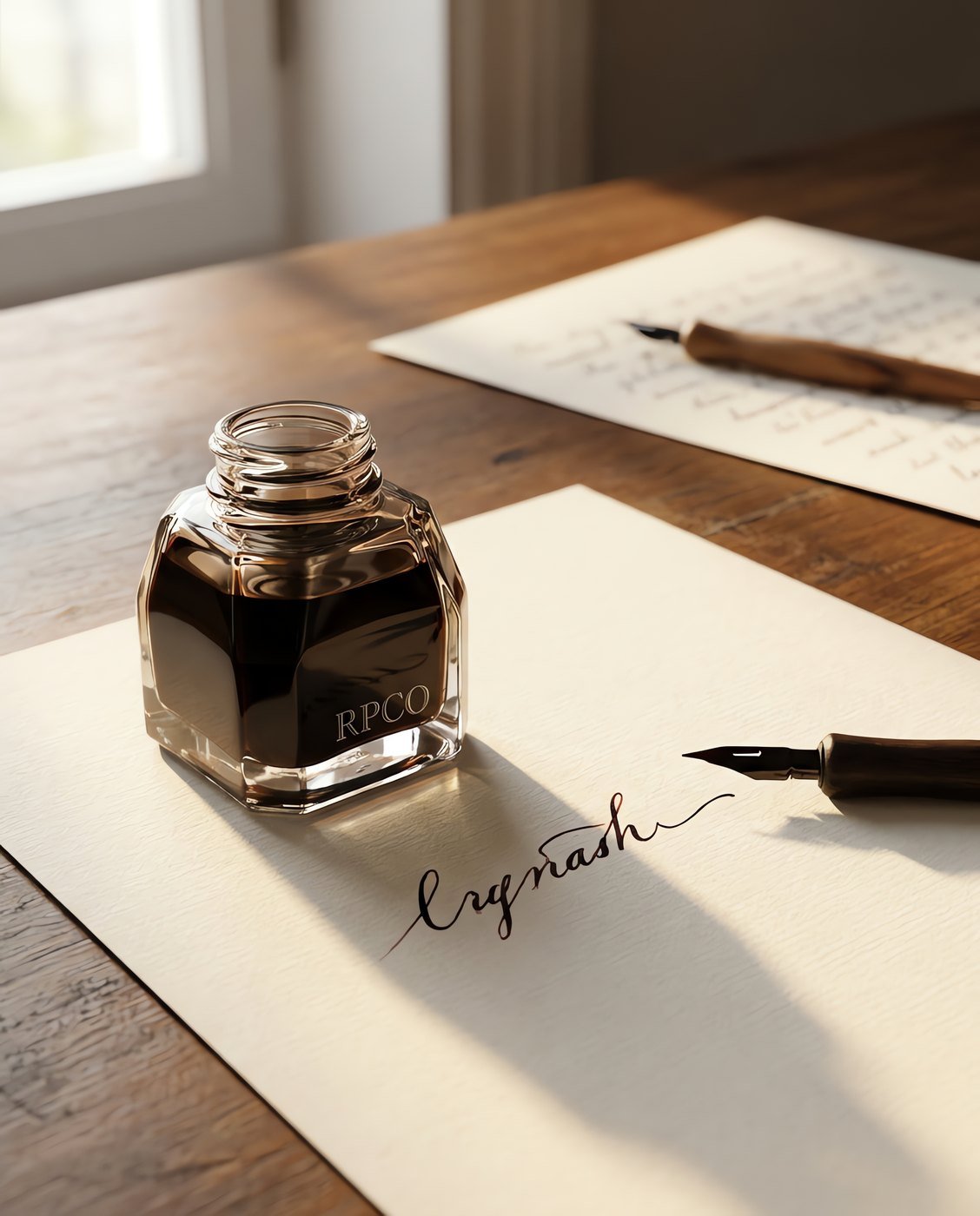 Sepia Copy Ink, 50 ml — A faceted glass bottle of warm brown-black ink on cream paper showing a written line that reads red in the thin strokes in use on a desk.