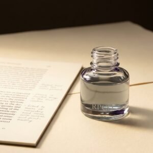 Clerk's Grey, 30 ml — A small round glass bottle of pale grey ink beside a printed page annotated in the margin in light grey handwriting.