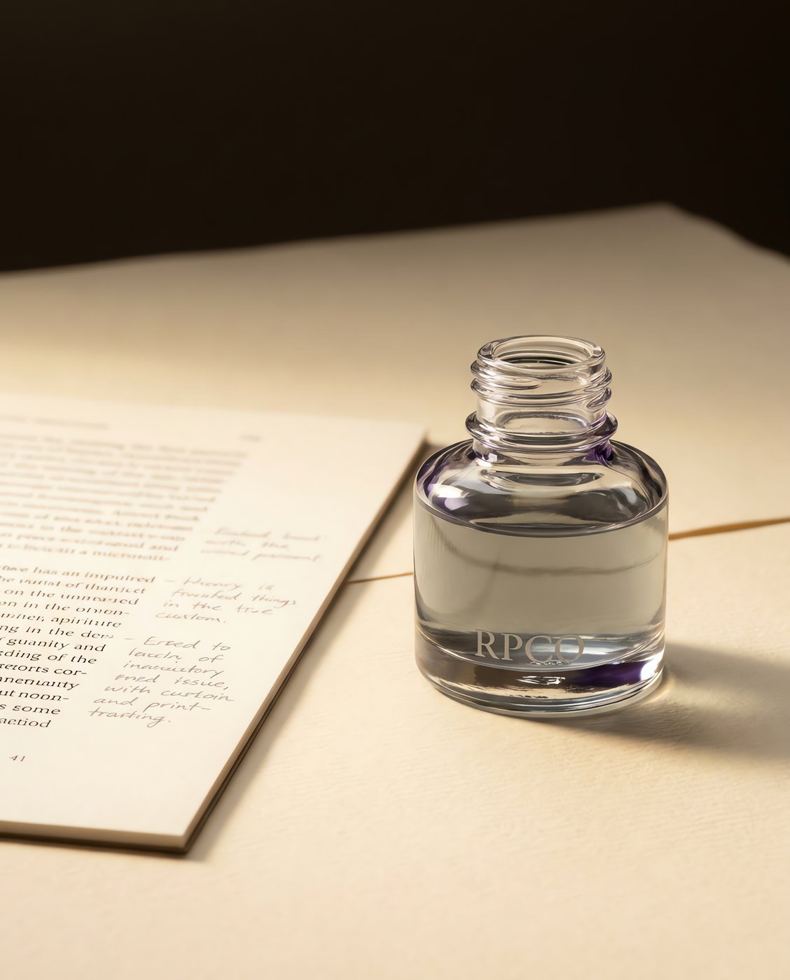 Clerk's Grey, 30 ml — A small round glass bottle of pale grey ink beside a printed page annotated in the margin in light grey handwriting.