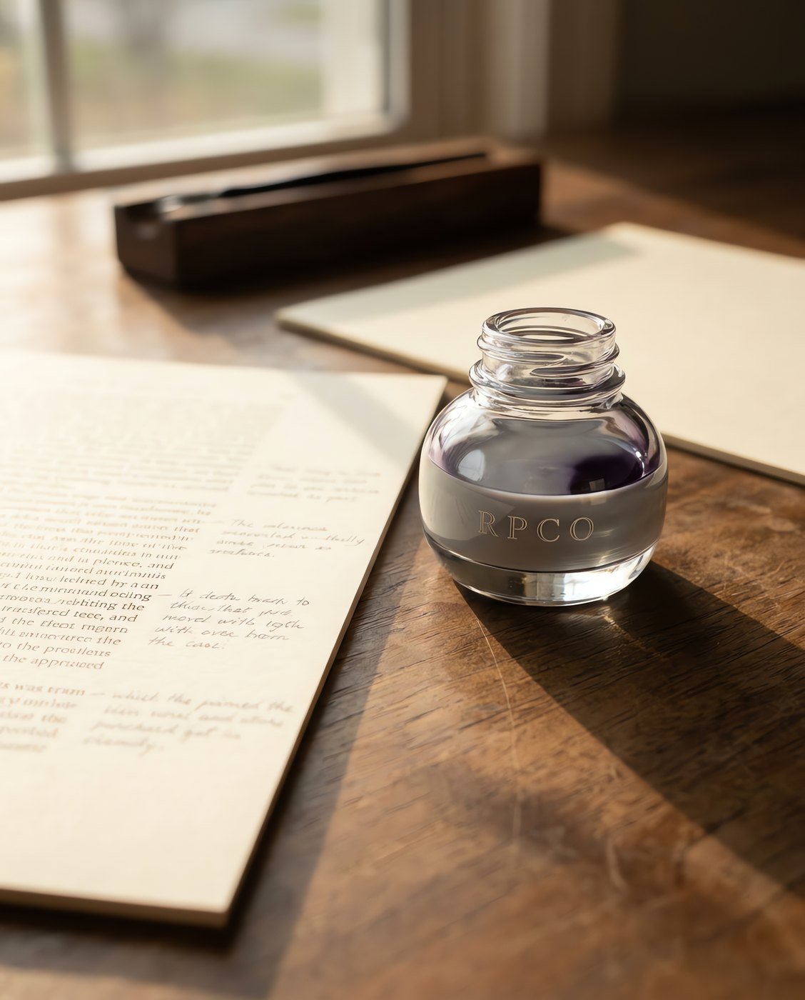 Clerk's Grey, 30 ml — A small round glass bottle of pale grey ink beside a printed page annotated in the margin in light grey handwriting in use on a desk.