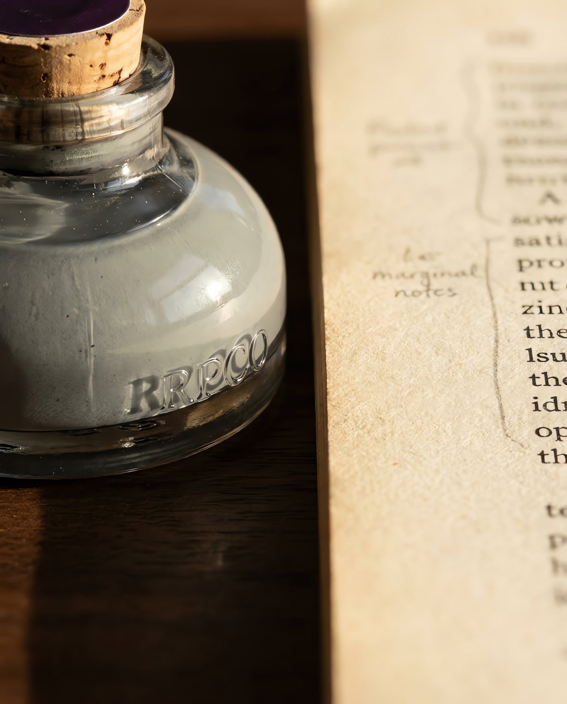 Clerk's Grey, 30 ml — A small round glass bottle of pale grey ink beside a printed page annotated in the margin in light grey handwriting in close detail.