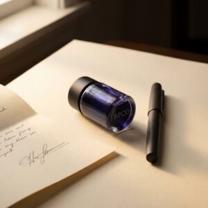 Document Blue, 30 ml — A small round glass bottle of saturated mid-blue ink beside a signed document and a capped pen.
