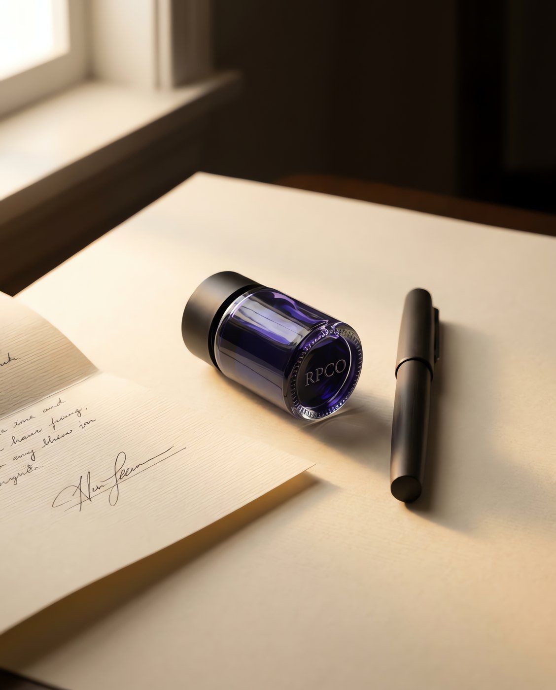 Document Blue, 30 ml — A small round glass bottle of saturated mid-blue ink beside a signed document and a capped pen.