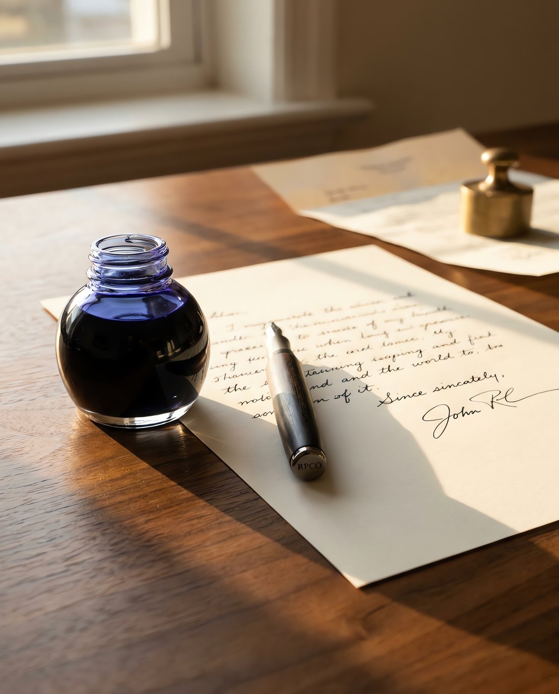 Document Blue, 30 ml — A small round glass bottle of saturated mid-blue ink beside a signed document and a capped pen in use on a desk.