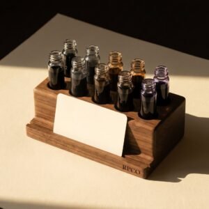 Nine-Swatch Sample Rack — A turned walnut rack holding nine small numbered vials of different coloured inks with a blank swatch card in a front slot.
