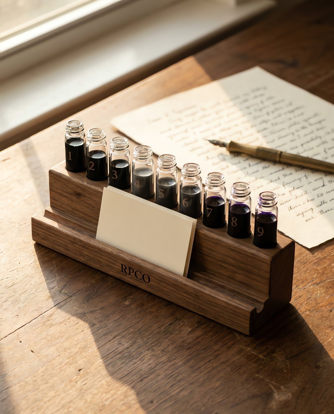 Nine-Swatch Sample Rack — A turned walnut rack holding nine small numbered vials of different coloured inks with a blank swatch card in a front slot in use on a desk.