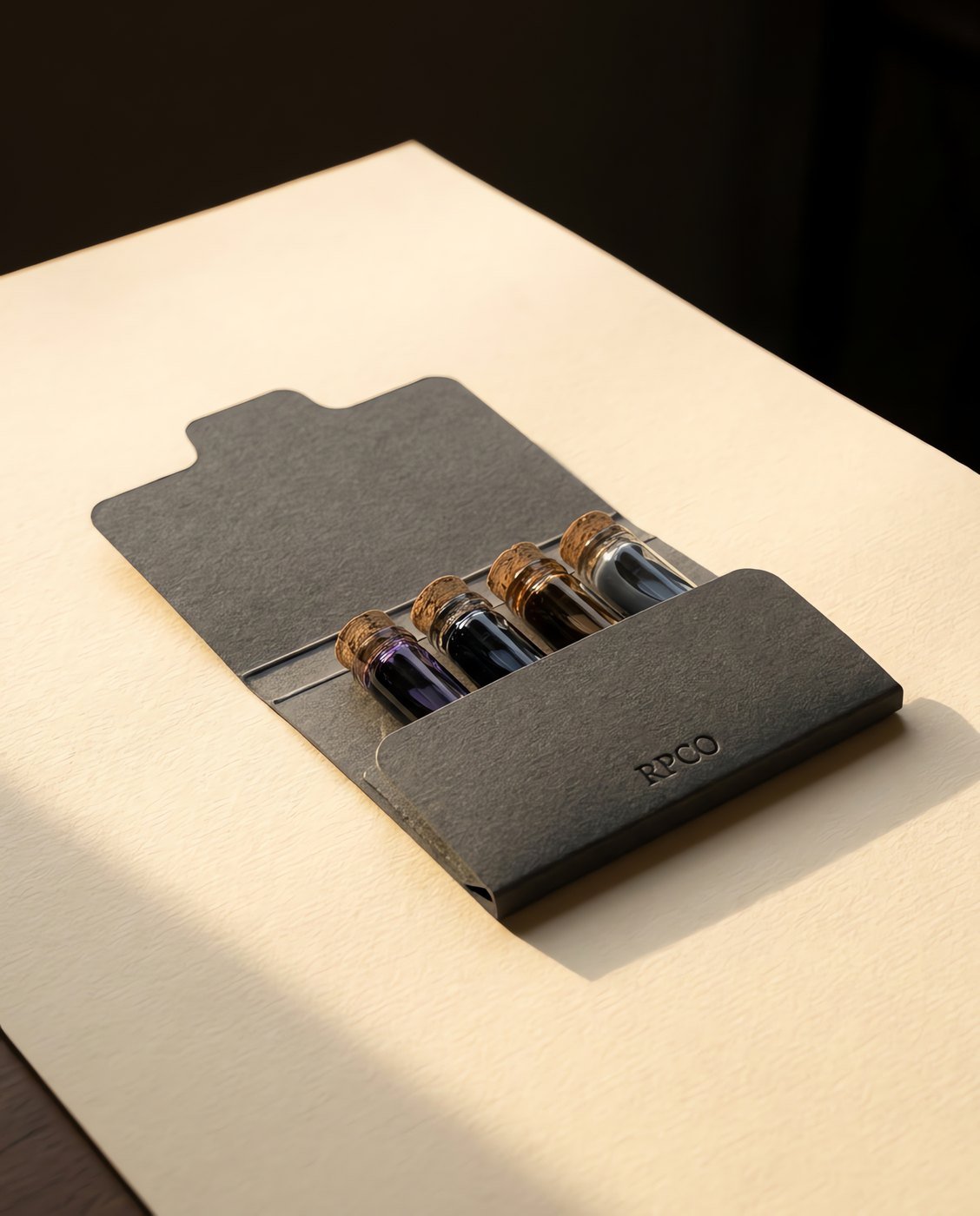 Four-Ink Sample Set — A die-cut card wallet lying open with four small vials of violet, blue-black, brown and grey ink held in place.