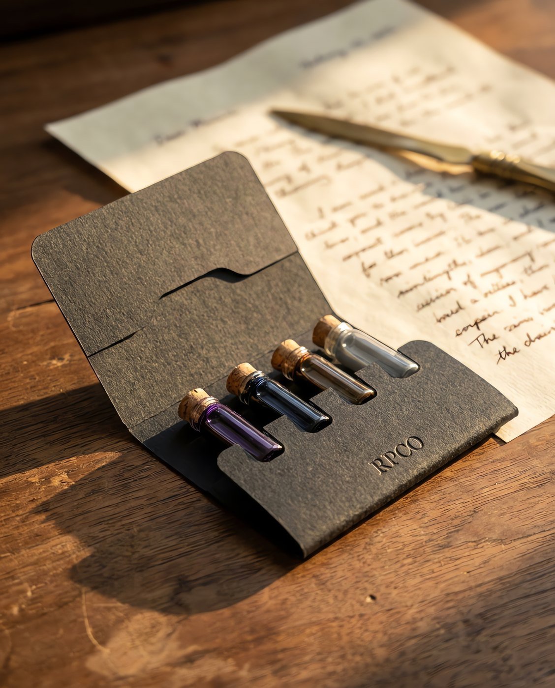 Four-Ink Sample Set — A die-cut card wallet lying open with four small vials of violet, blue-black, brown and grey ink held in place in use on a desk.
