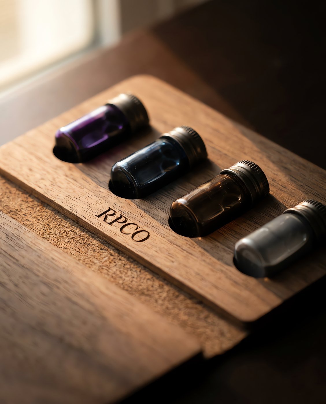 Four-Ink Sample Set — A die-cut card wallet lying open with four small vials of violet, blue-black, brown and grey ink held in place in close detail.