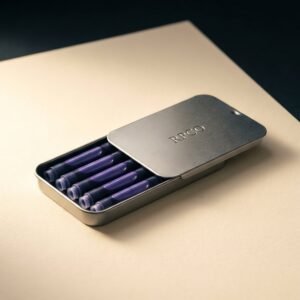 Cartridge Box, Registry Violet — A small slide-top metal tin lying open with twelve violet ink cartridges arranged in two rows.
