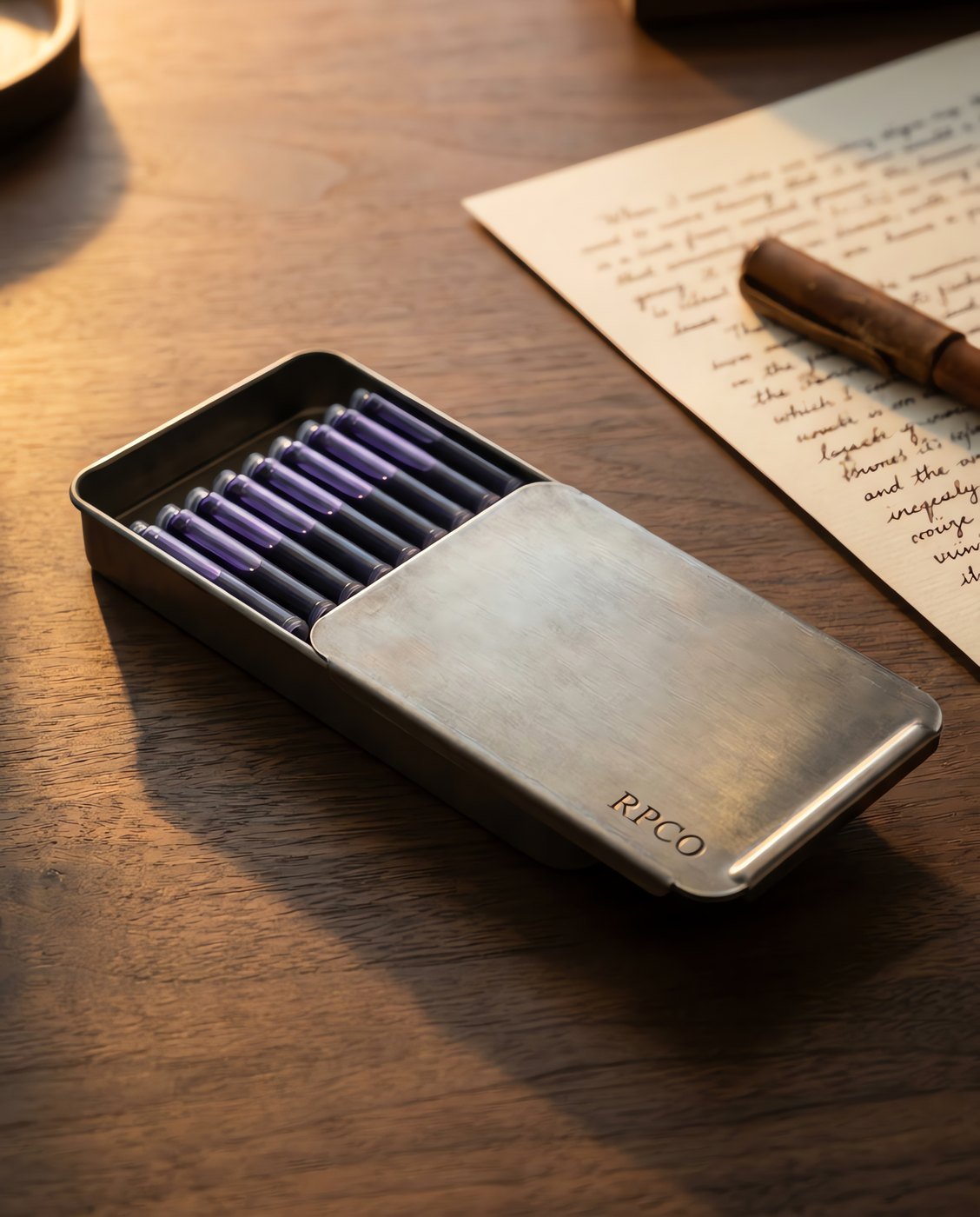 Cartridge Box, Registry Violet — A small slide-top metal tin lying open with twelve violet ink cartridges arranged in two rows in use on a desk.