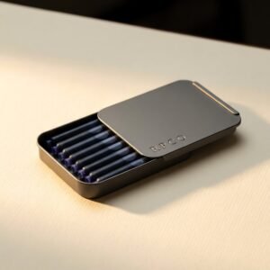 Cartridge Box, Blue-Black — A small slide-top metal tin lying open with twelve blue-black ink cartridges arranged in two rows.