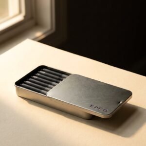 Cartridge Box, Carbon Black — A small slide-top metal tin lying open with twelve black ink cartridges arranged in two rows.