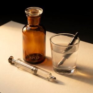 Pen Flush Concentrate, 60 ml — A plain amber glass bottle with a measuring cap beside a blunt-tip syringe and a disassembled pen nib unit standing in a small glass of cloudy water.