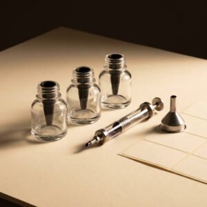 Ink Decanting Kit — Three squat empty travel ink bottles with conical inserts beside a blunt-tip syringe, a small funnel and a sheet of blank labels.