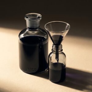Iron Gall Document Ink, 100 ml Bench Bottle — A large wide-shouldered glass bench bottle of dark blue-black ink with a ground pour lip, beside a funnel and a smaller bottle being filled.