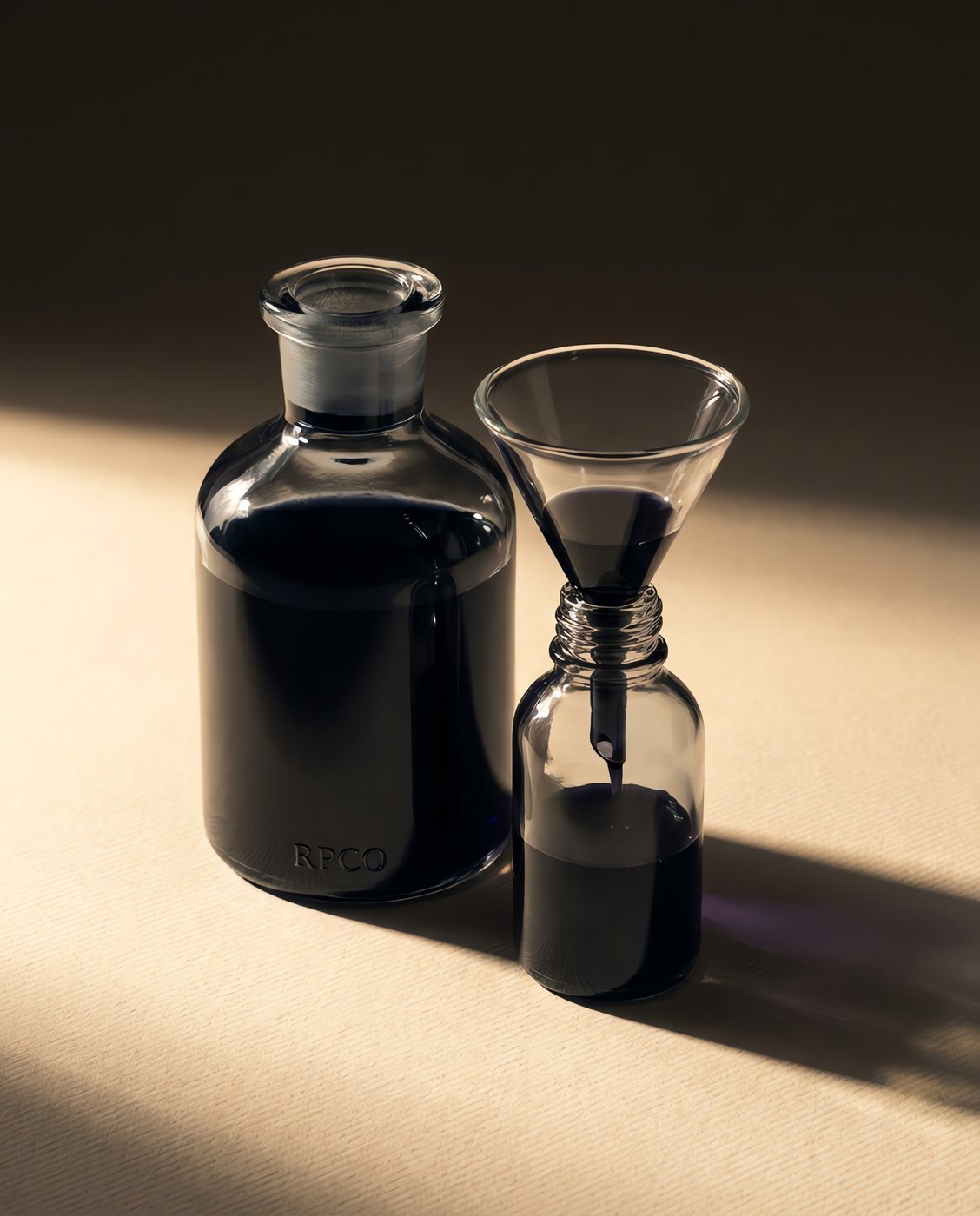 Iron Gall Document Ink, 100 ml Bench Bottle — A large wide-shouldered glass bench bottle of dark blue-black ink with a ground pour lip, beside a funnel and a smaller bottle being filled.