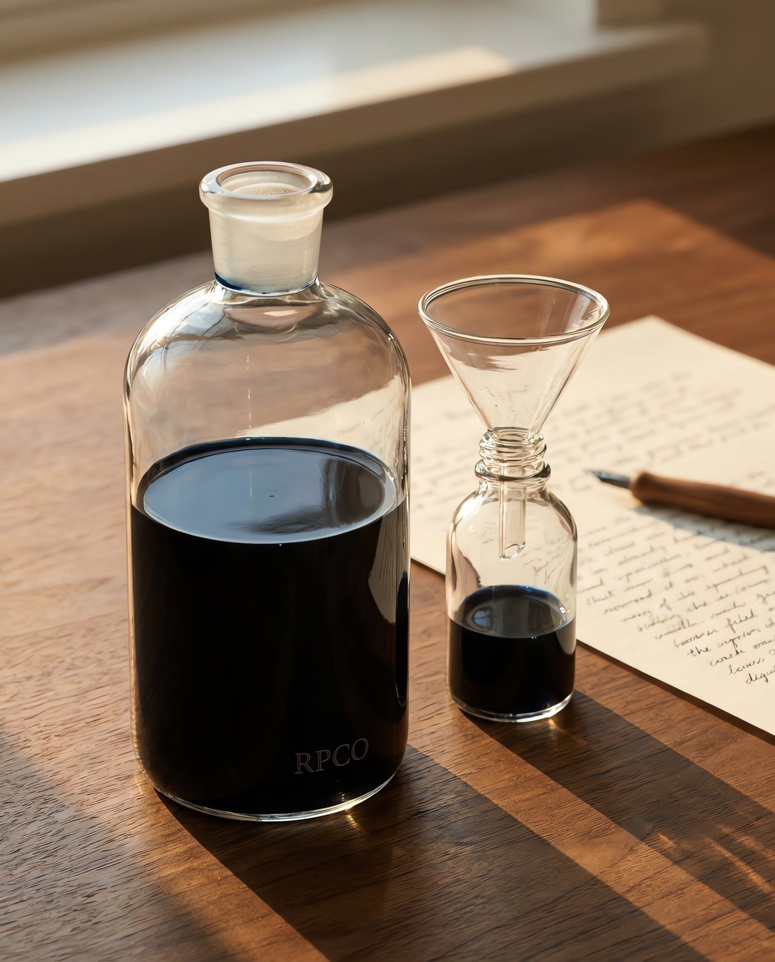 Iron Gall Document Ink, 100 ml Bench Bottle — A large wide-shouldered glass bench bottle of dark blue-black ink with a ground pour lip, beside a funnel and a smaller bottle being filled in use on a desk.