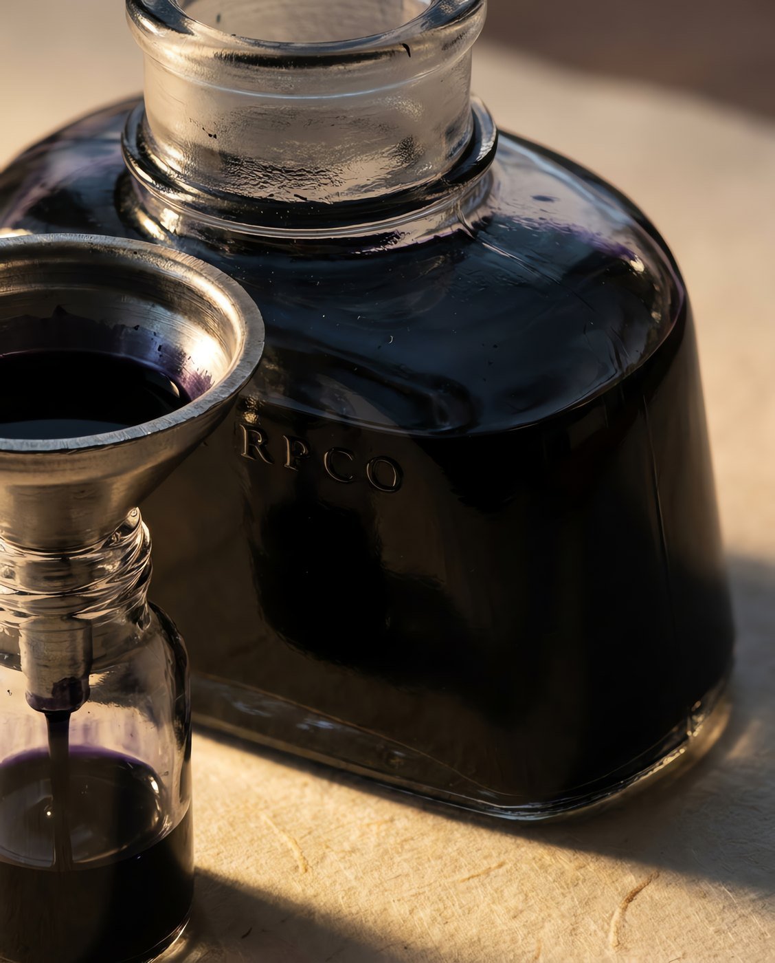 Iron Gall Document Ink, 100 ml Bench Bottle — A large wide-shouldered glass bench bottle of dark blue-black ink with a ground pour lip, beside a funnel and a smaller bottle being filled in close detail.