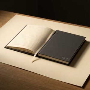 Laid Folio Notebook, A5 — A medium A5 notebook in graphite book cloth lying open flat on a desk showing cream ruled laid pages with a cream ribbon.